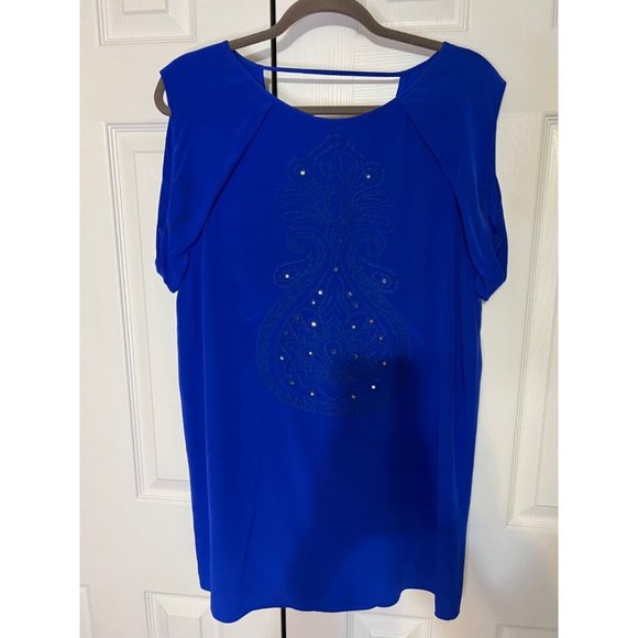 Anthropologie TIBI Dress Cobalt Blue 8 Silk Beaded Shift Short Sleeve V Back - Picture 8 of 10